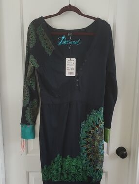 Desigual Navy Blue Dress with Green Peacock Motif